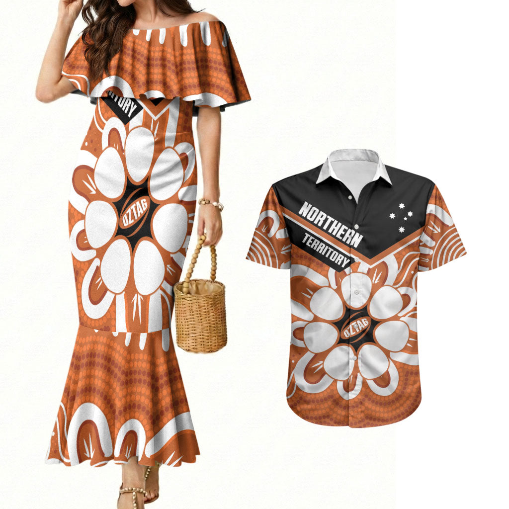 Northern Territory Oztag Custom Couples Matching Mermaid Dress and Hawaiian Shirt Seven-Petaled Rose Emblem Indigenous Art