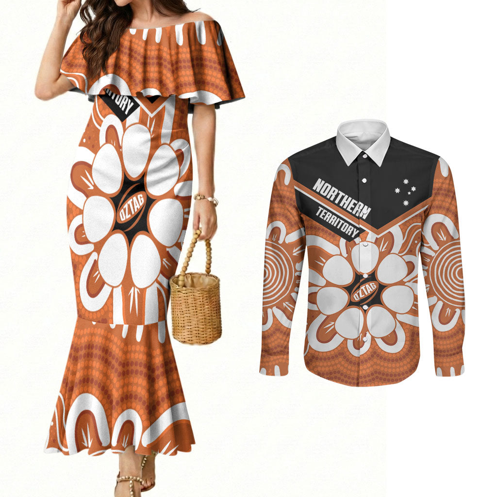 Northern Territory Oztag Custom Couples Matching Mermaid Dress and Long Sleeve Button Shirt Seven-Petaled Rose Emblem Indigenous Art