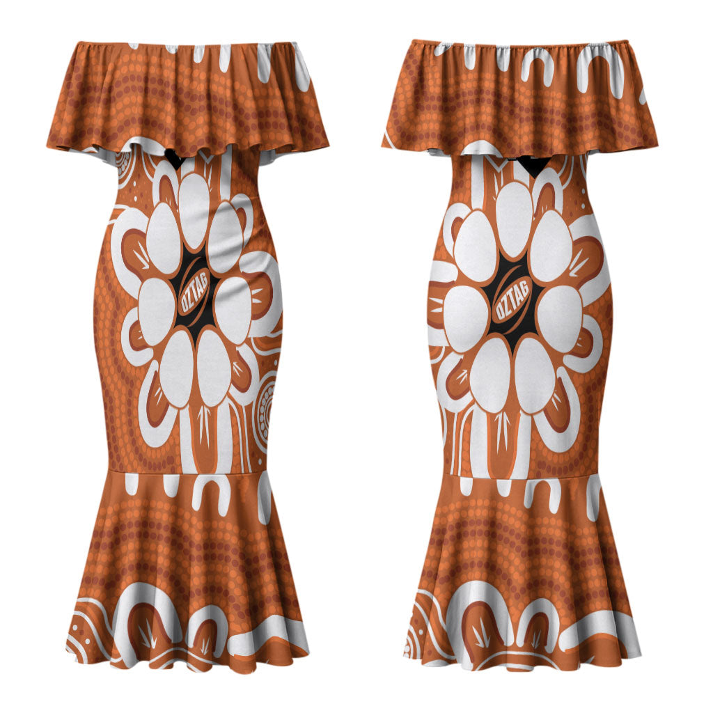 Northern Territory Oztag Custom Couples Matching Mermaid Dress and Long Sleeve Button Shirt Seven-Petaled Rose Emblem Indigenous Art