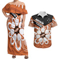 Northern Territory Oztag Custom Couples Matching Off Shoulder Maxi Dress and Hawaiian Shirt Seven-Petaled Rose Emblem Indigenous Art