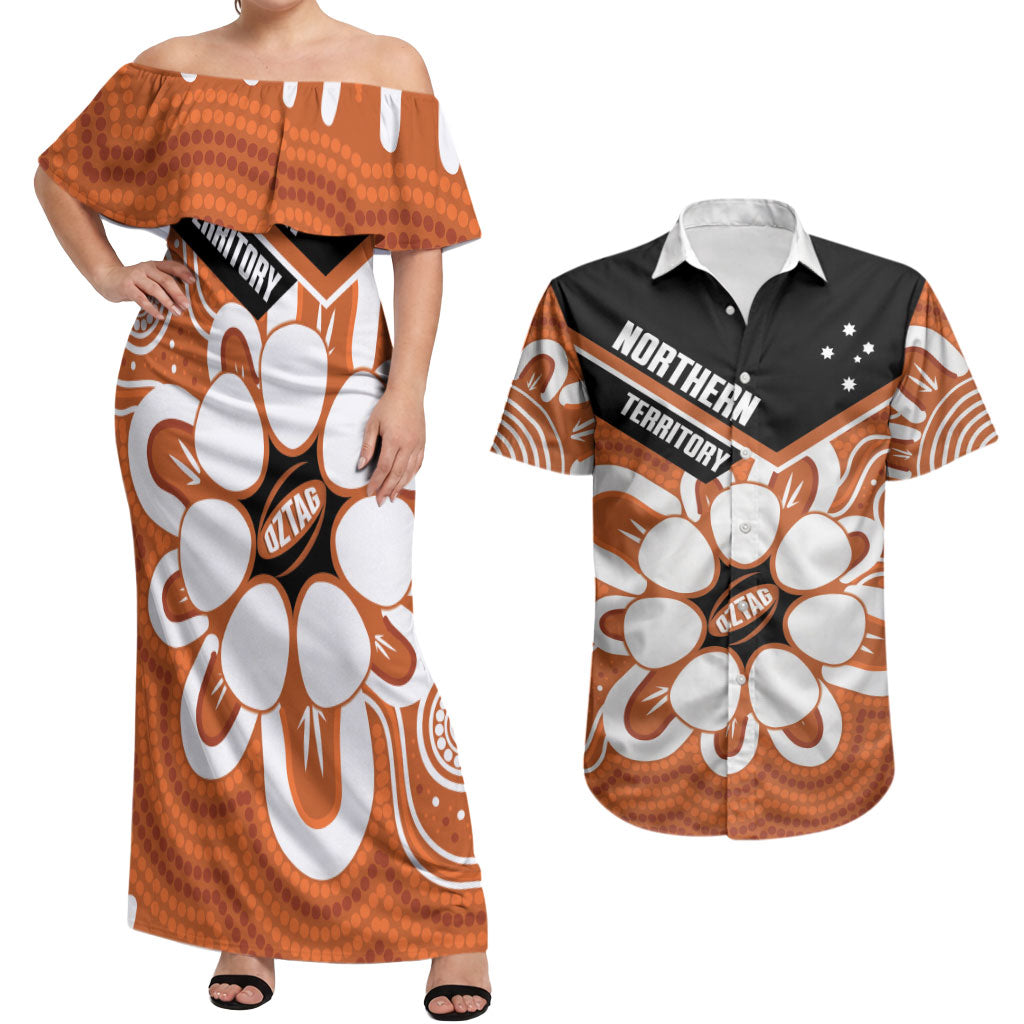 Northern Territory Oztag Custom Couples Matching Off Shoulder Maxi Dress and Hawaiian Shirt Seven-Petaled Rose Emblem Indigenous Art