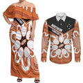 Northern Territory Oztag Custom Couples Matching Off Shoulder Maxi Dress and Long Sleeve Button Shirt Seven-Petaled Rose Emblem Indigenous Art