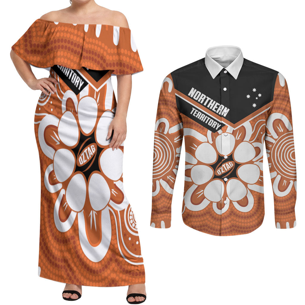 Northern Territory Oztag Custom Couples Matching Off Shoulder Maxi Dress and Long Sleeve Button Shirt Seven-Petaled Rose Emblem Indigenous Art