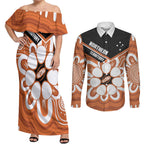 Northern Territory Oztag Custom Couples Matching Off Shoulder Maxi Dress and Long Sleeve Button Shirt Seven-Petaled Rose Emblem Indigenous Art