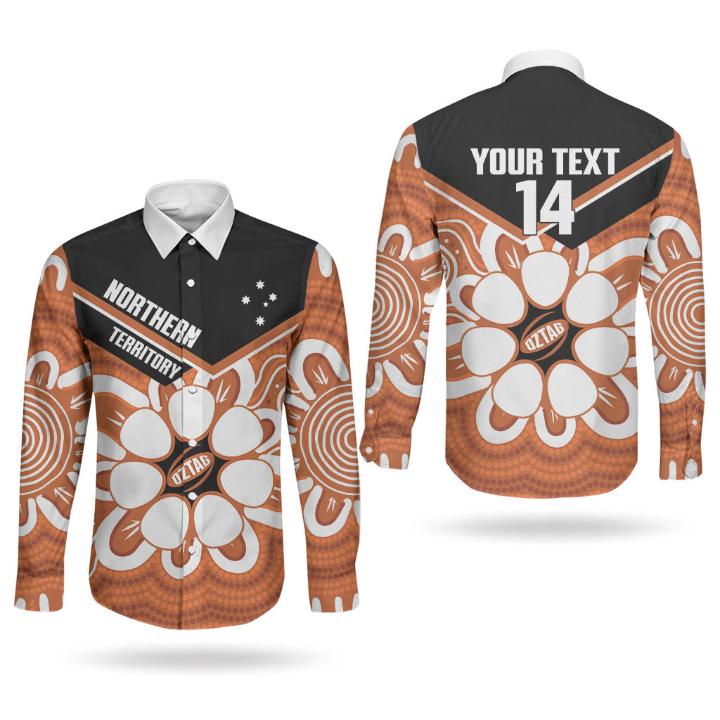 Northern Territory Oztag Custom Couples Matching Off Shoulder Maxi Dress and Long Sleeve Button Shirt Seven-Petaled Rose Emblem Indigenous Art