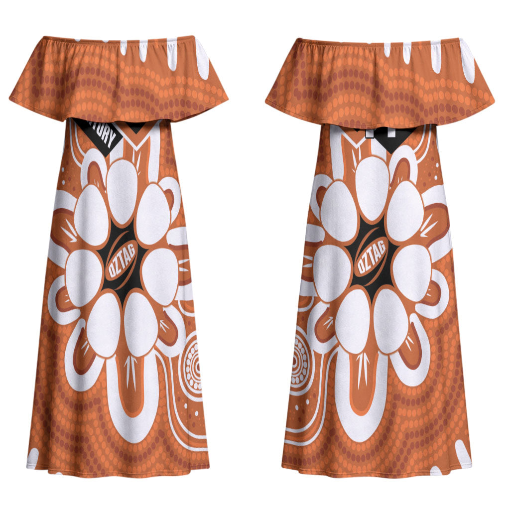 Northern Territory Oztag Custom Couples Matching Off Shoulder Maxi Dress and Long Sleeve Button Shirt Seven-Petaled Rose Emblem Indigenous Art