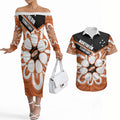 Northern Territory Oztag Custom Couples Matching Off The Shoulder Long Sleeve Dress and Hawaiian Shirt Seven-Petaled Rose Emblem Indigenous Art