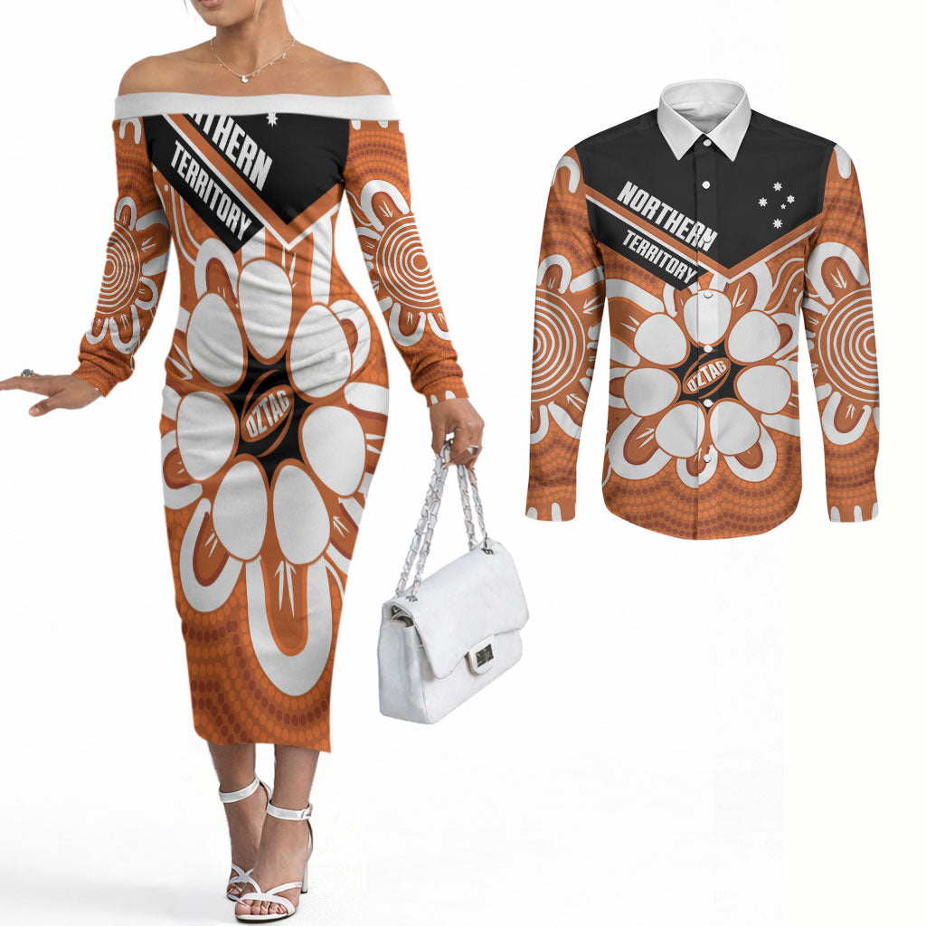 Northern Territory Oztag Custom Couples Matching Off The Shoulder Long Sleeve Dress and Long Sleeve Button Shirt Seven-Petaled Rose Emblem Indigenous Art