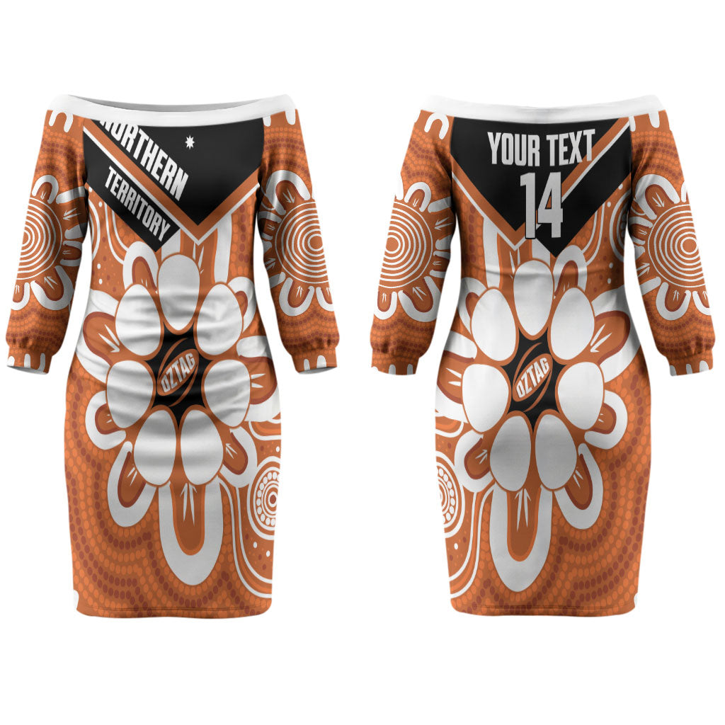 Northern Territory Oztag Custom Couples Matching Off The Shoulder Long Sleeve Dress and Long Sleeve Button Shirt Seven-Petaled Rose Emblem Indigenous Art