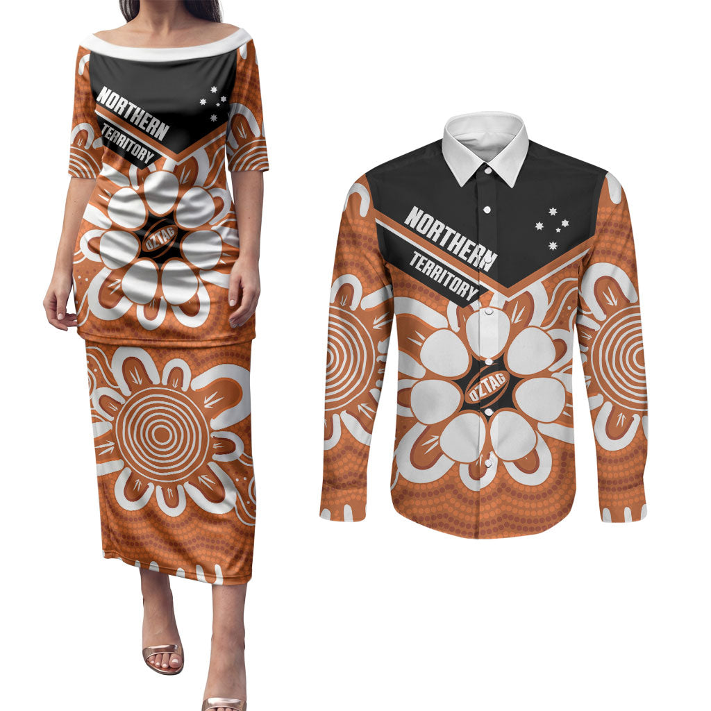 Northern Territory Oztag Custom Couples Matching Puletasi and Long Sleeve Button Shirt Seven-Petaled Rose Emblem Indigenous Art