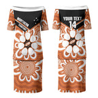 Northern Territory Oztag Custom Couples Matching Puletasi and Long Sleeve Button Shirt Seven-Petaled Rose Emblem Indigenous Art