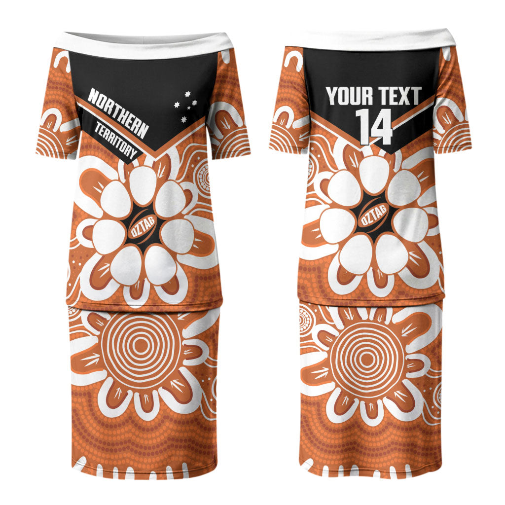 Northern Territory Oztag Custom Couples Matching Puletasi and Long Sleeve Button Shirt Seven-Petaled Rose Emblem Indigenous Art