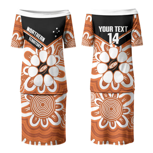 Northern Territory Oztag Custom Couples Matching Puletasi and Long Sleeve Button Shirt Seven-Petaled Rose Emblem Indigenous Art
