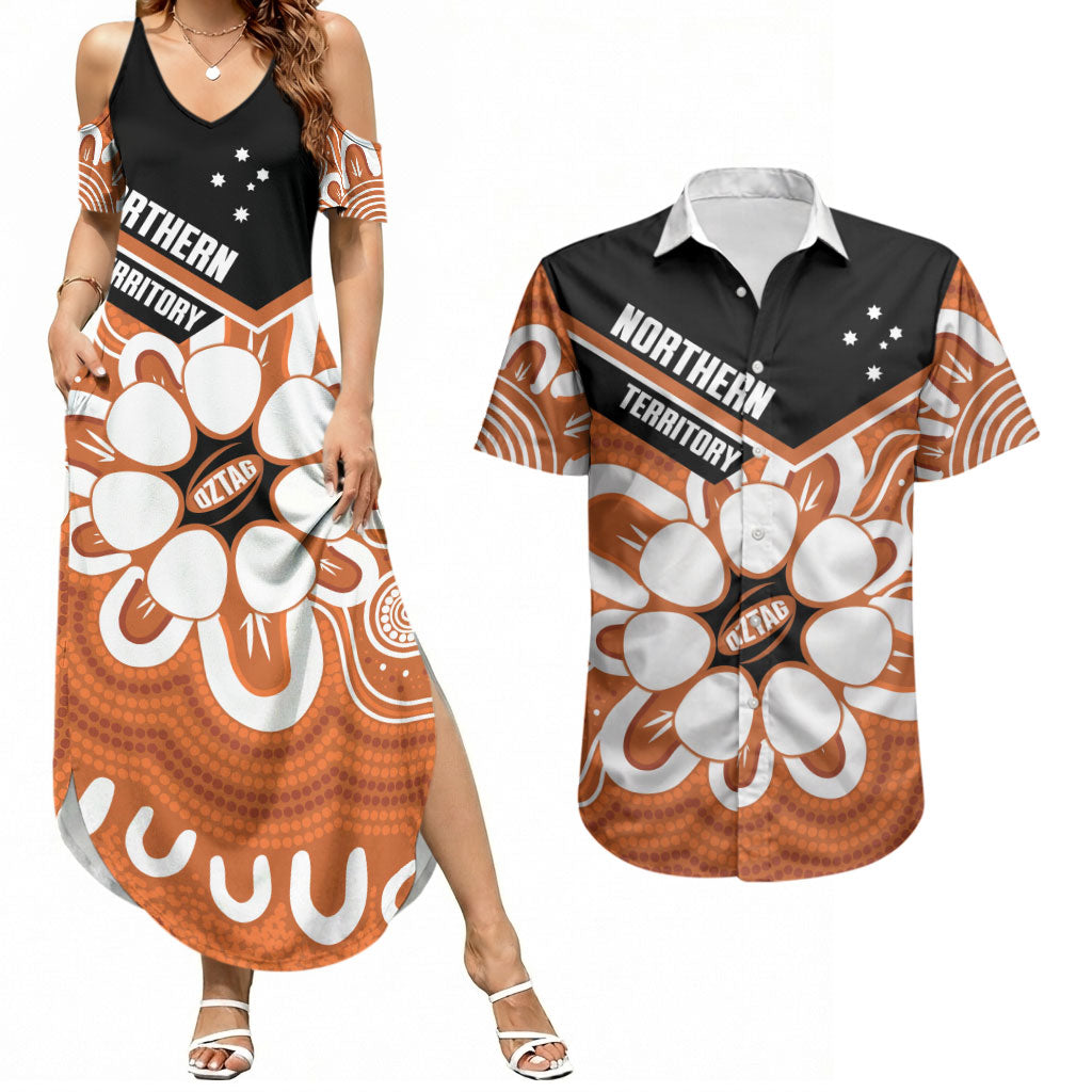 Northern Territory Oztag Custom Couples Matching Summer Maxi Dress and Hawaiian Shirt Seven-Petaled Rose Emblem Indigenous Art