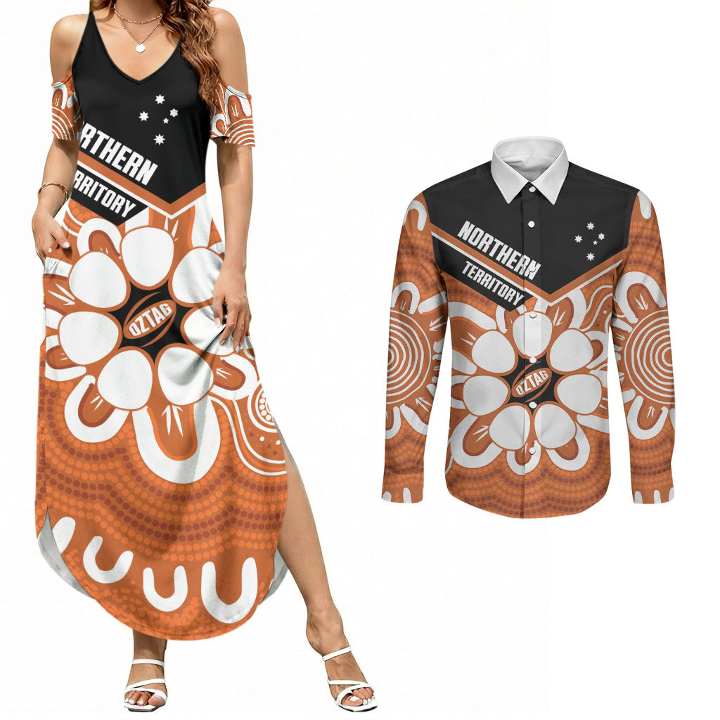Northern Territory Oztag Custom Couples Matching Summer Maxi Dress and Long Sleeve Button Shirt Seven-Petaled Rose Emblem Indigenous Art