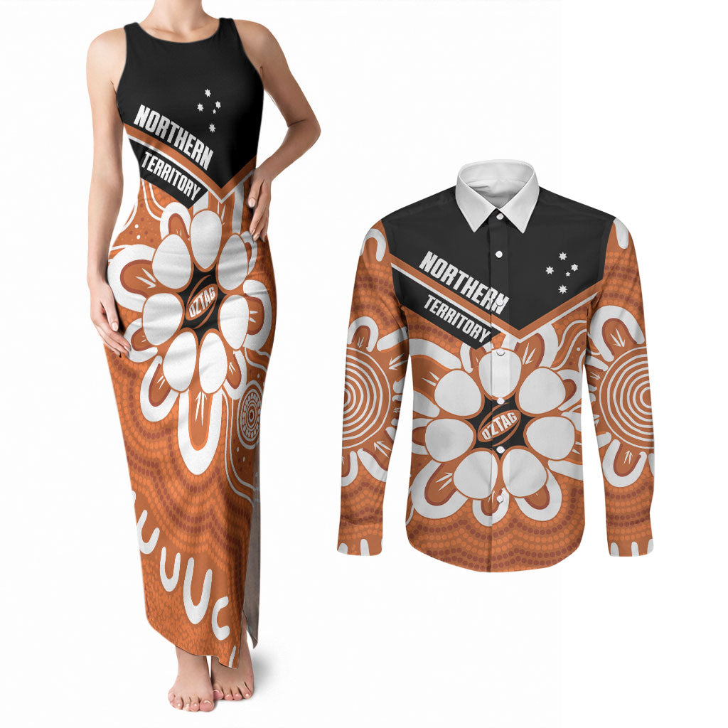 Northern Territory Oztag Custom Couples Matching Tank Maxi Dress and Long Sleeve Button Shirt Seven-Petaled Rose Emblem Indigenous Art