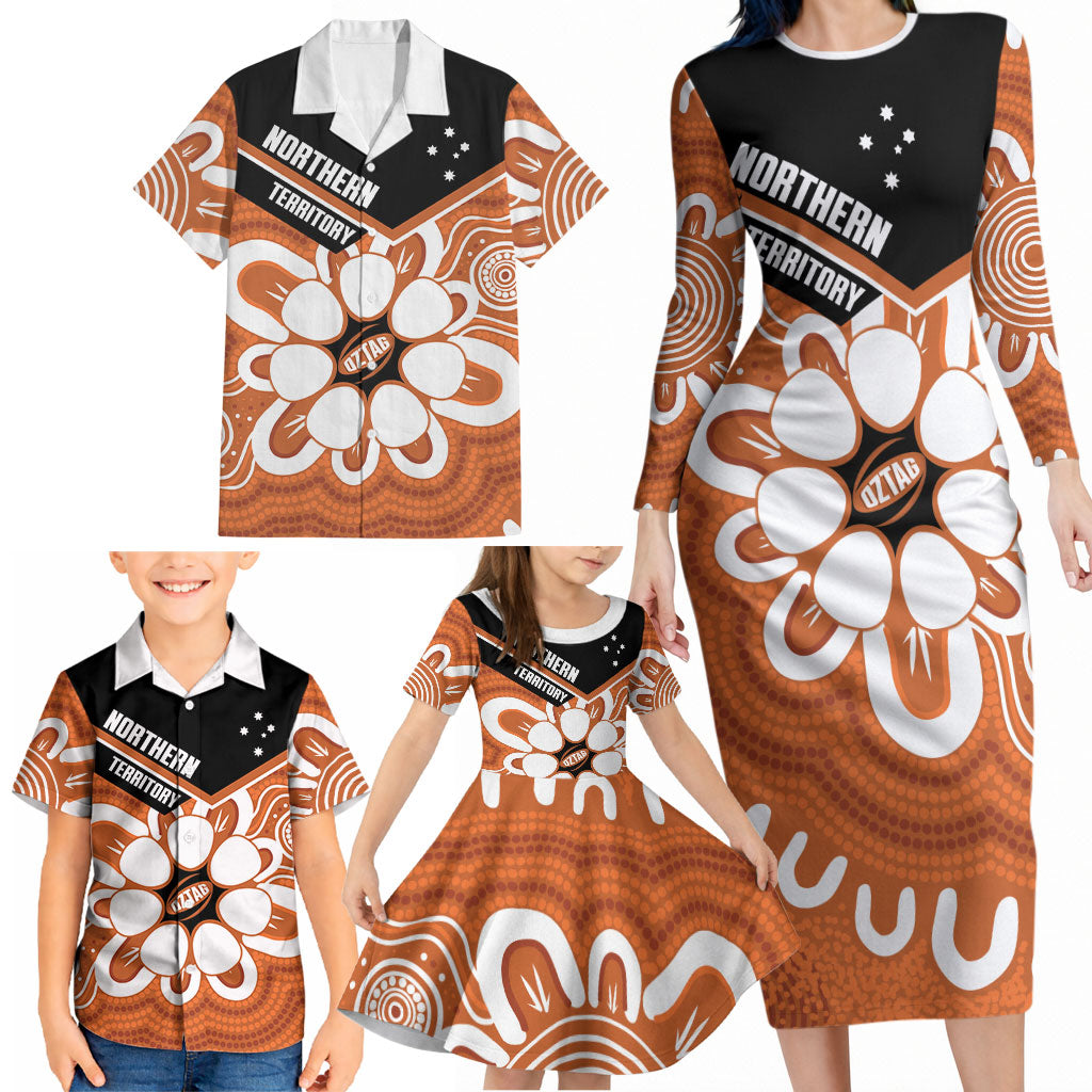 Northern Territory Oztag Custom Family Matching Long Sleeve Bodycon Dress and Hawaiian Shirt Seven-Petaled Rose Emblem Indigenous Art