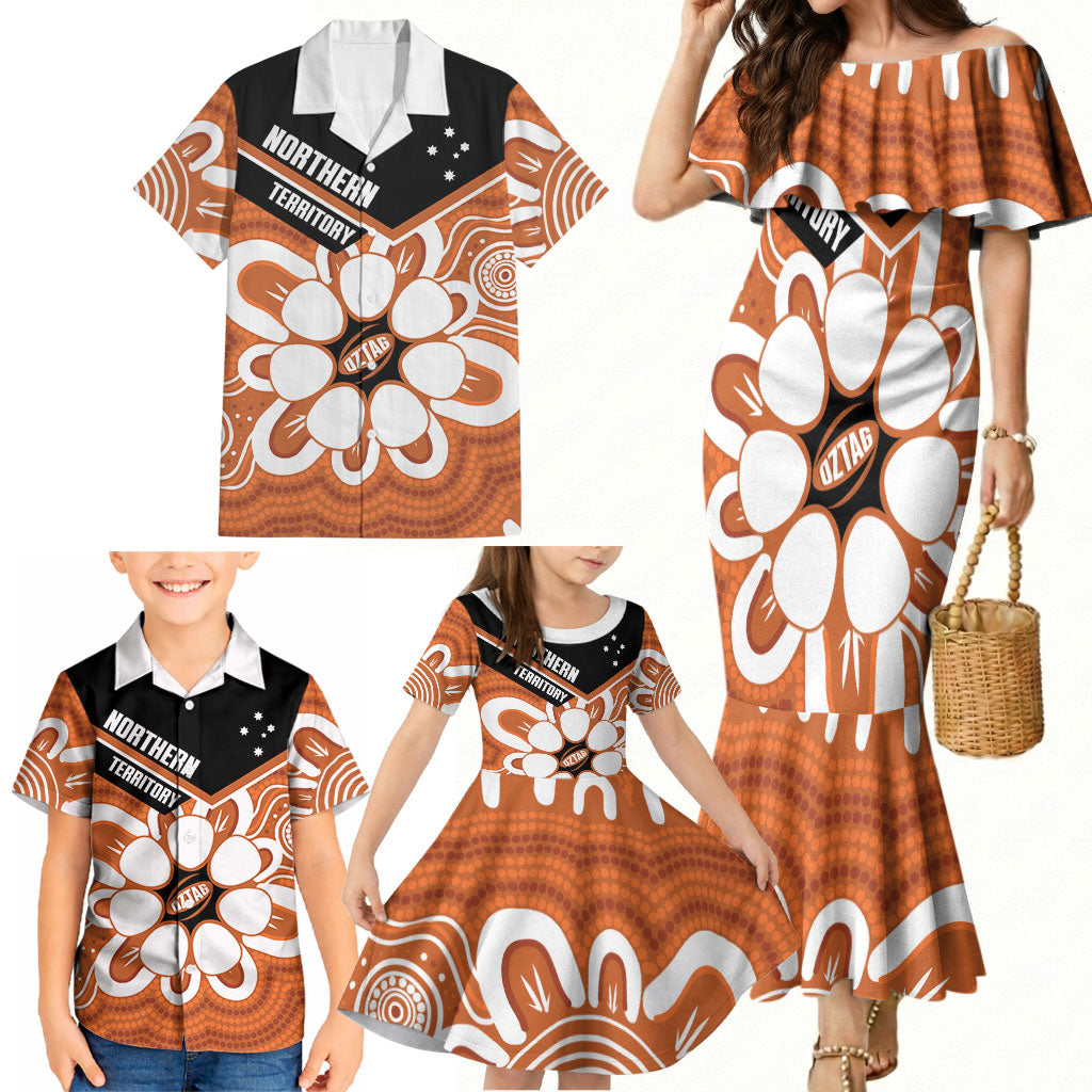 Northern Territory Oztag Custom Family Matching Mermaid Dress and Hawaiian Shirt Seven-Petaled Rose Emblem Indigenous Art