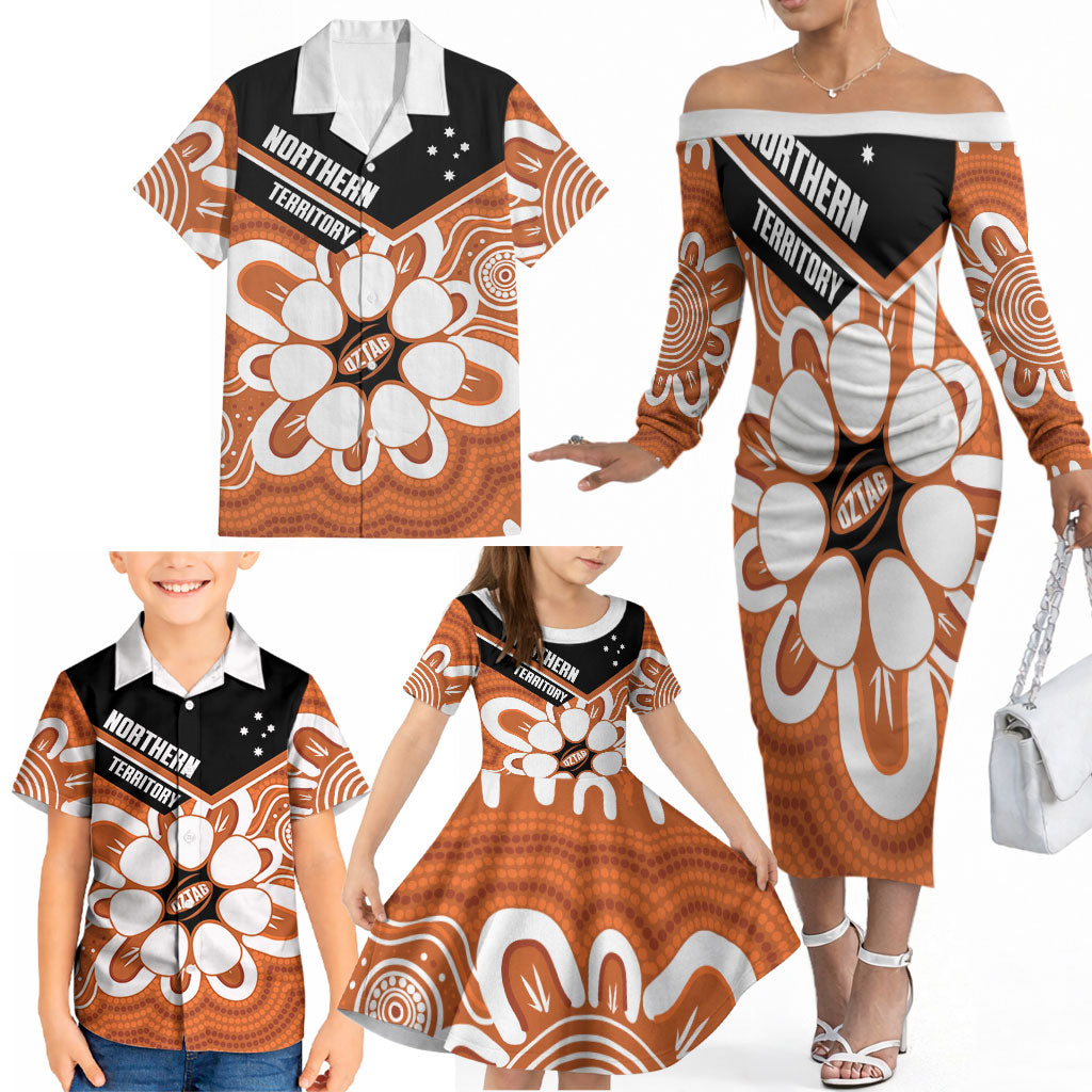 Northern Territory Oztag Custom Family Matching Off The Shoulder Long Sleeve Dress and Hawaiian Shirt Seven-Petaled Rose Emblem Indigenous Art