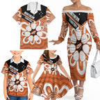 Northern Territory Oztag Custom Family Matching Off The Shoulder Long Sleeve Dress and Hawaiian Shirt Seven-Petaled Rose Emblem Indigenous Art