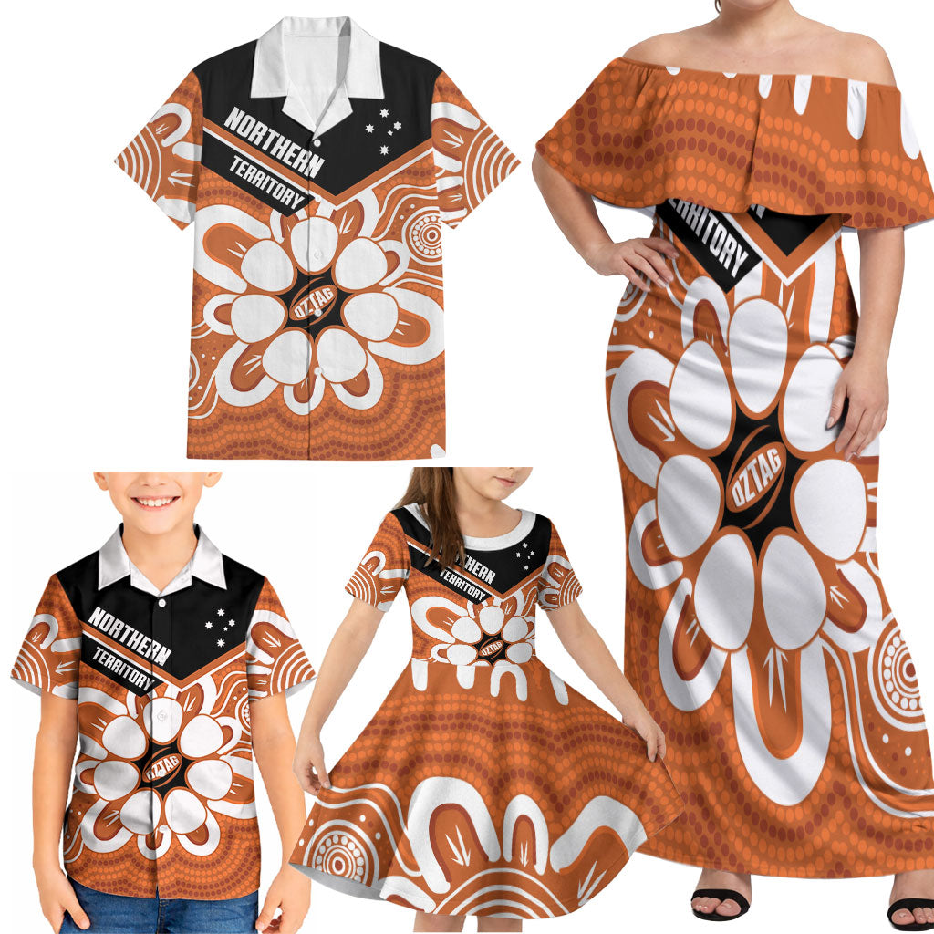 Northern Territory Oztag Custom Family Matching Off Shoulder Maxi Dress and Hawaiian Shirt Seven-Petaled Rose Emblem Indigenous Art