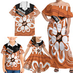 Northern Territory Oztag Custom Family Matching Off Shoulder Maxi Dress and Hawaiian Shirt Seven-Petaled Rose Emblem Indigenous Art