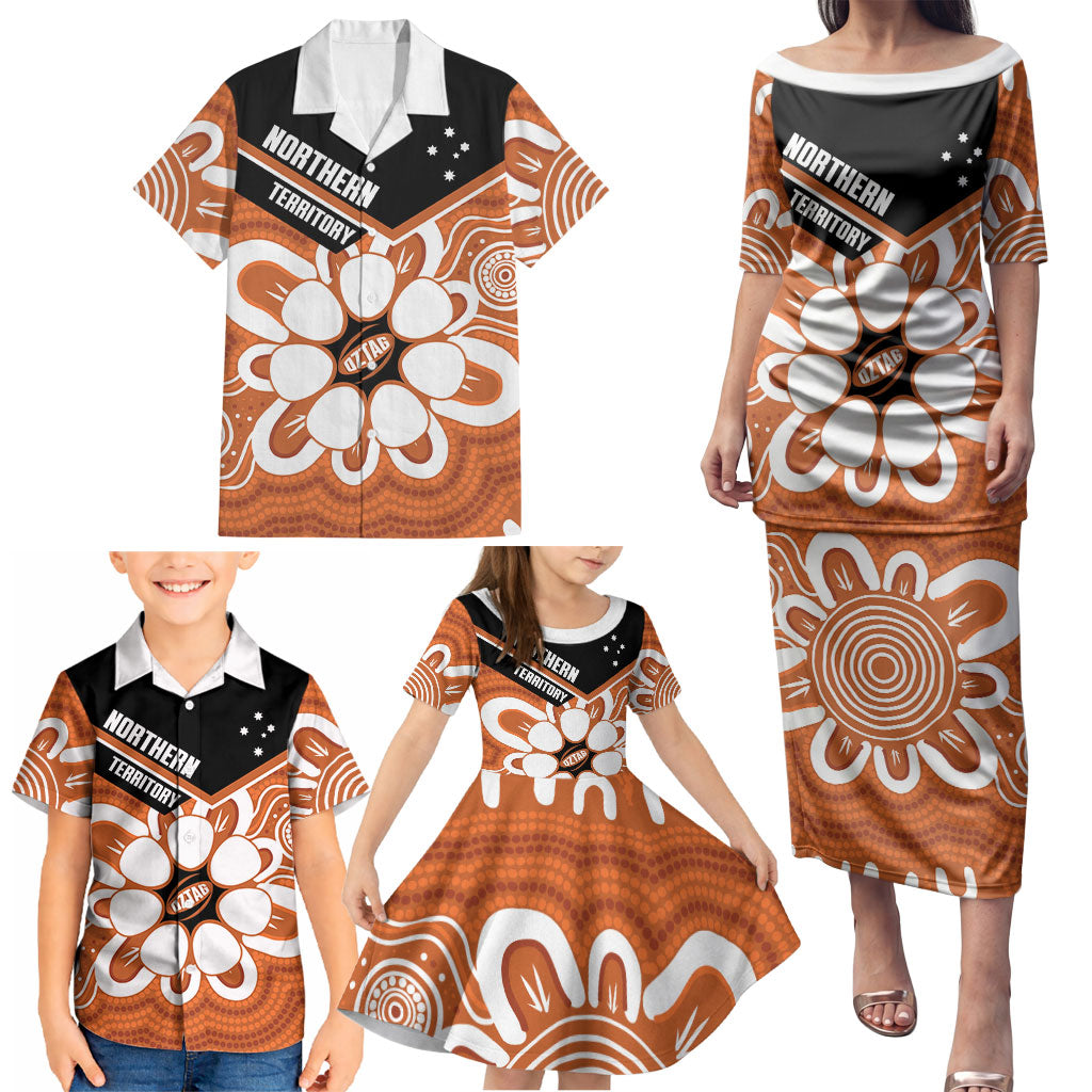 Northern Territory Oztag Custom Family Matching Puletasi and Hawaiian Shirt Seven-Petaled Rose Emblem Indigenous Art