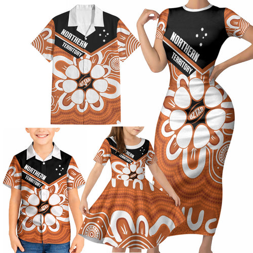 Northern Territory Oztag Custom Family Matching Short Sleeve Bodycon Dress and Hawaiian Shirt Seven-Petaled Rose Emblem Indigenous Art