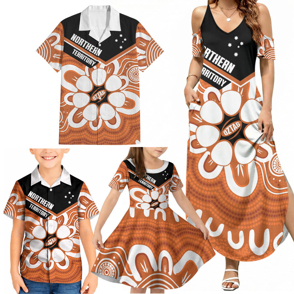 Northern Territory Oztag Custom Family Matching Summer Maxi Dress and Hawaiian Shirt Seven-Petaled Rose Emblem Indigenous Art