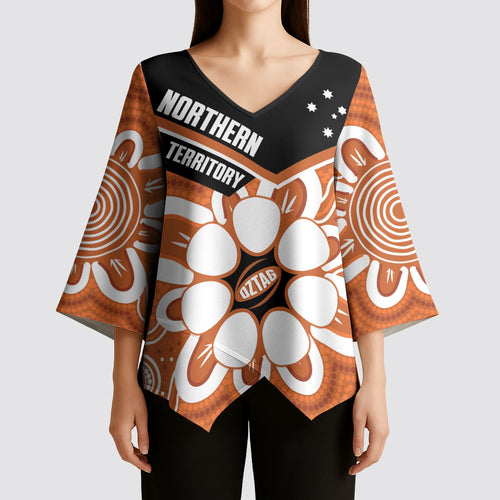 Northern Territory Oztag Custom Kimono Sleeve Blouse Seven-Petaled Rose Emblem Indigenous Art