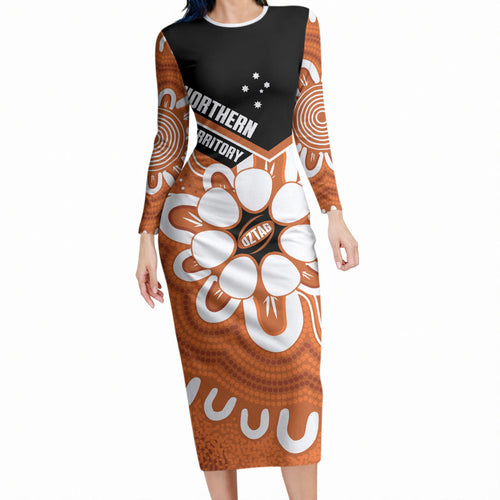 Northern Territory Oztag Custom Long Sleeve Bodycon Dress Seven-Petaled Rose Emblem Indigenous Art