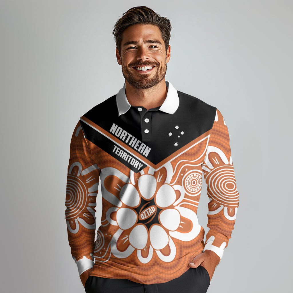 Northern Territory Oztag Custom Long Sleeve Polo Shirt Seven-Petaled Rose Emblem Indigenous Art