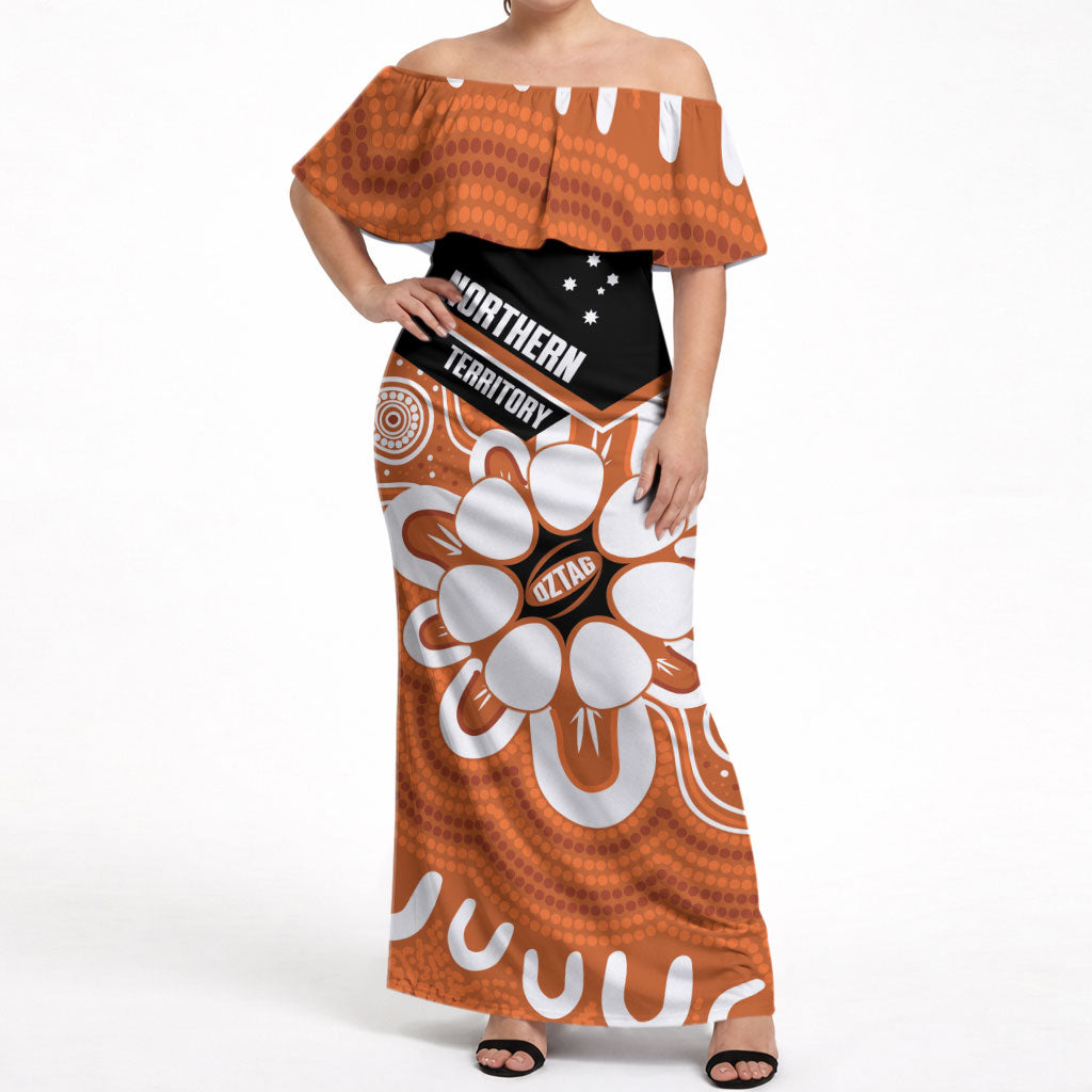 Northern Territory Oztag Custom Off Shoulder Maxi Dress Seven-Petaled Rose Emblem Indigenous Art