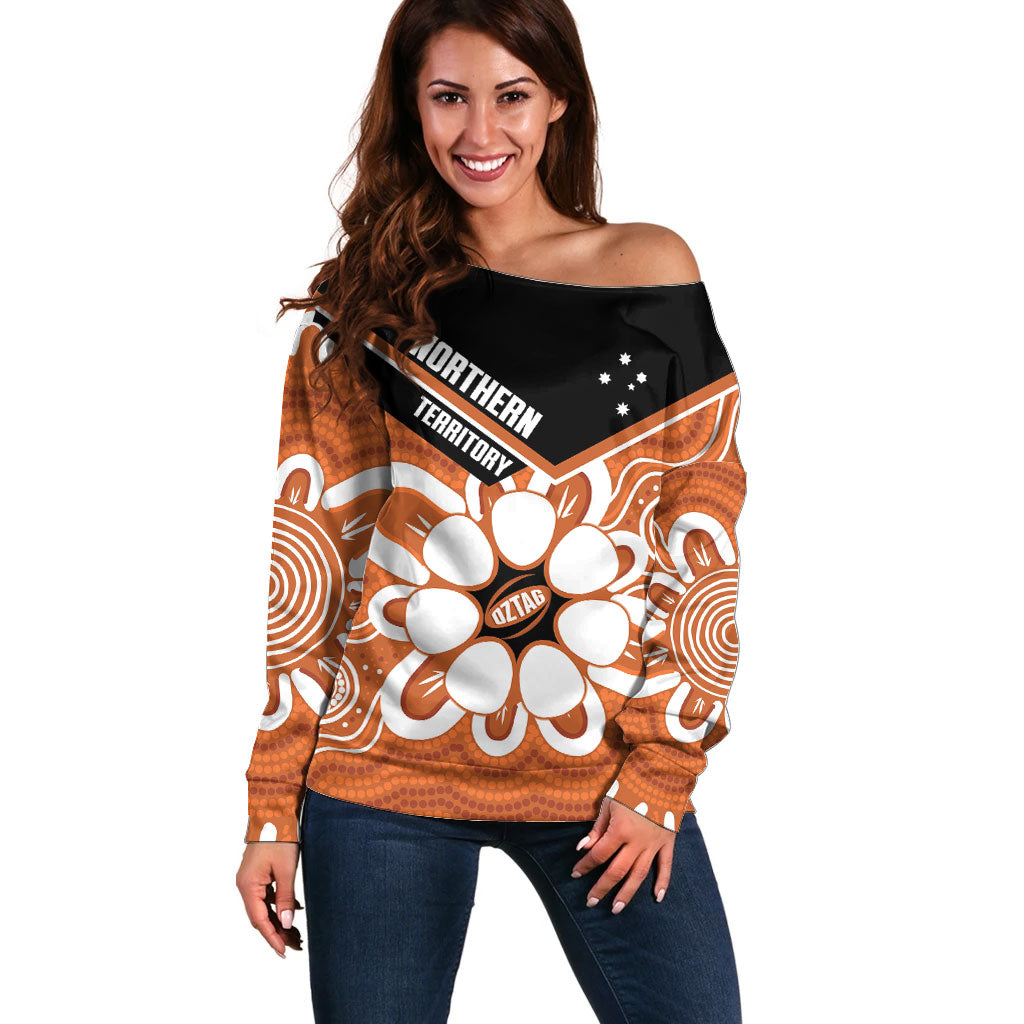 Northern Territory Oztag Custom Off Shoulder Sweater Seven-Petaled Rose Emblem Indigenous Art