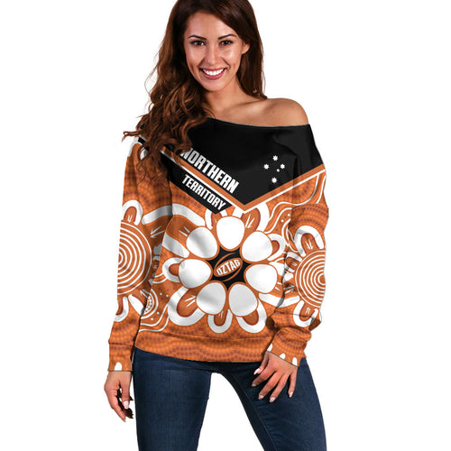 Northern Territory Oztag Custom Off Shoulder Sweater Seven-Petaled Rose Emblem Indigenous Art