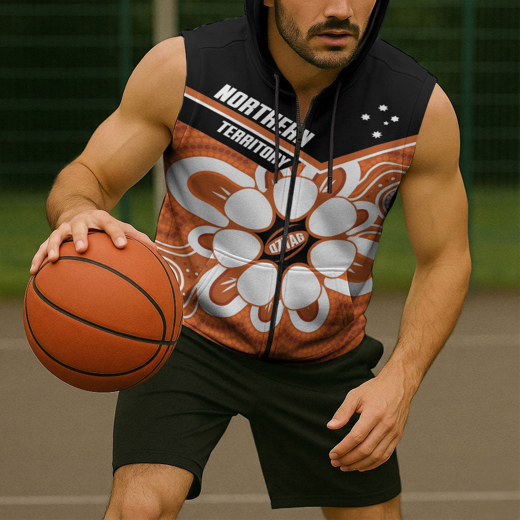 Northern Territory Oztag Custom Sleeveless Zip Hoodie Seven-Petaled Rose Emblem Indigenous Art