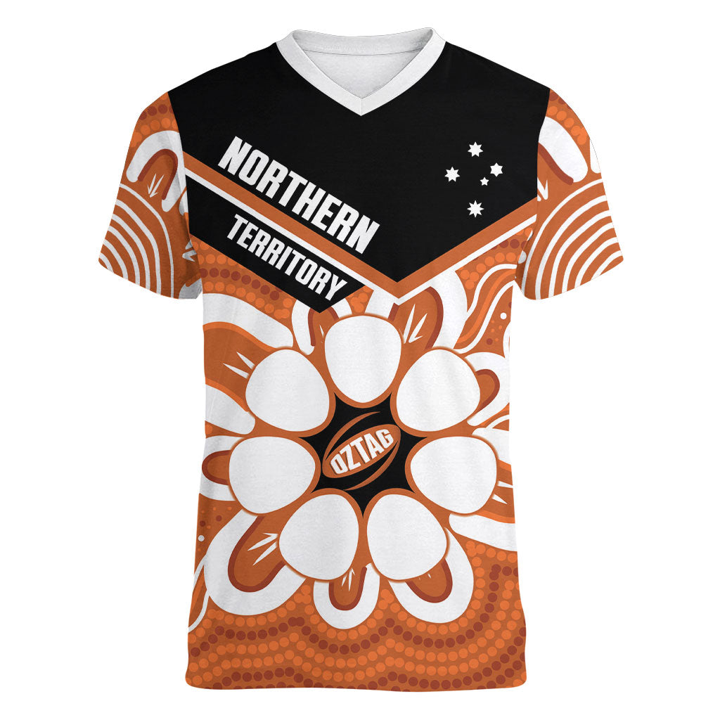 Northern Territory Oztag Custom Women V-Neck T-Shirt Seven-Petaled Rose Emblem Indigenous Art