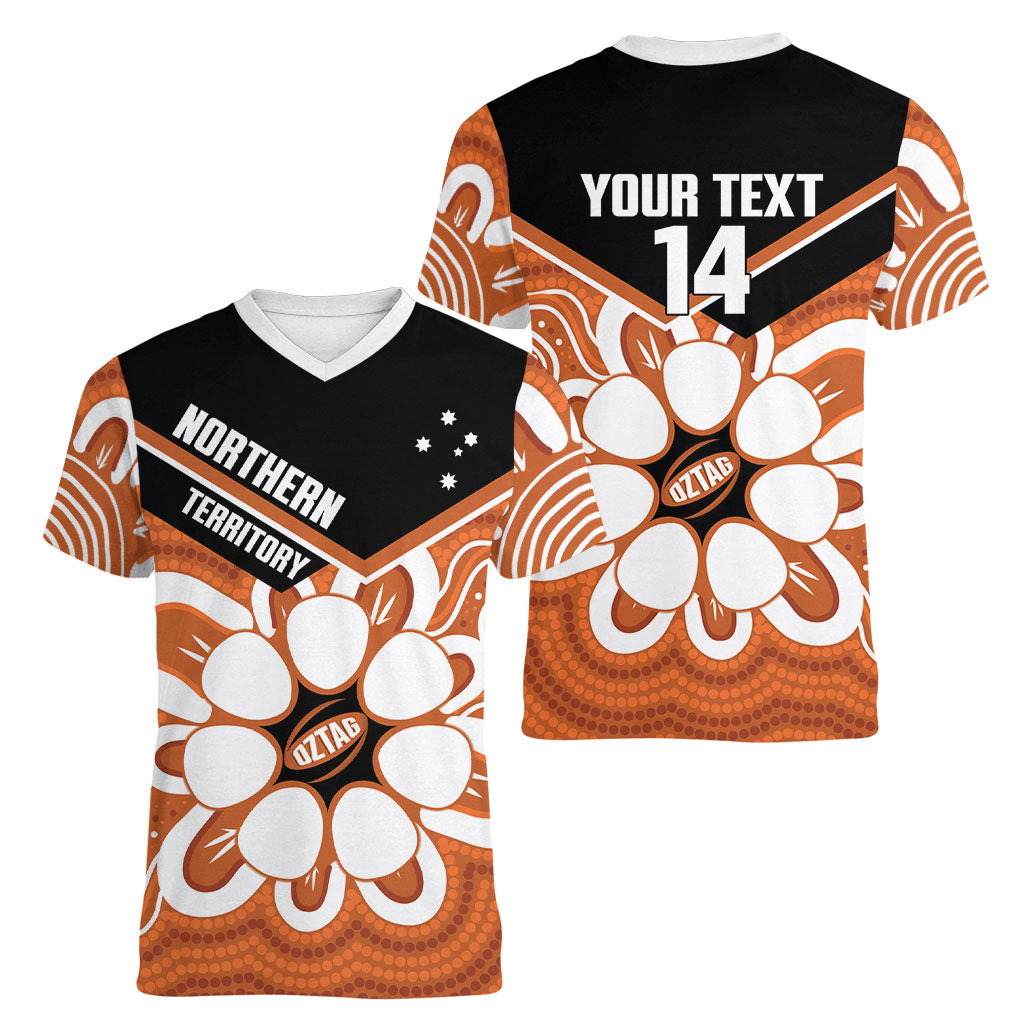 Northern Territory Oztag Custom Women V-Neck T-Shirt Seven-Petaled Rose Emblem Indigenous Art