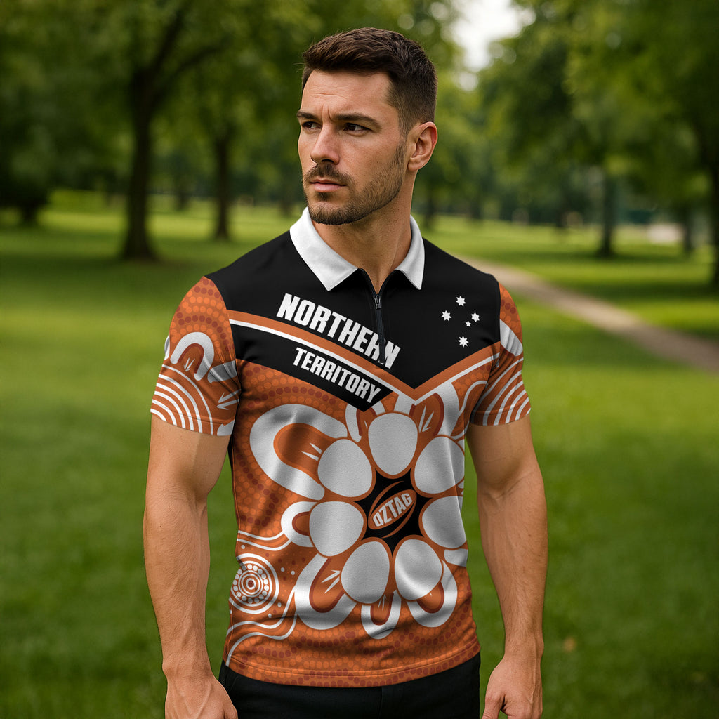 Northern Territory Oztag Custom Zipper Polo Shirt Seven-Petaled Rose Emblem Indigenous Art