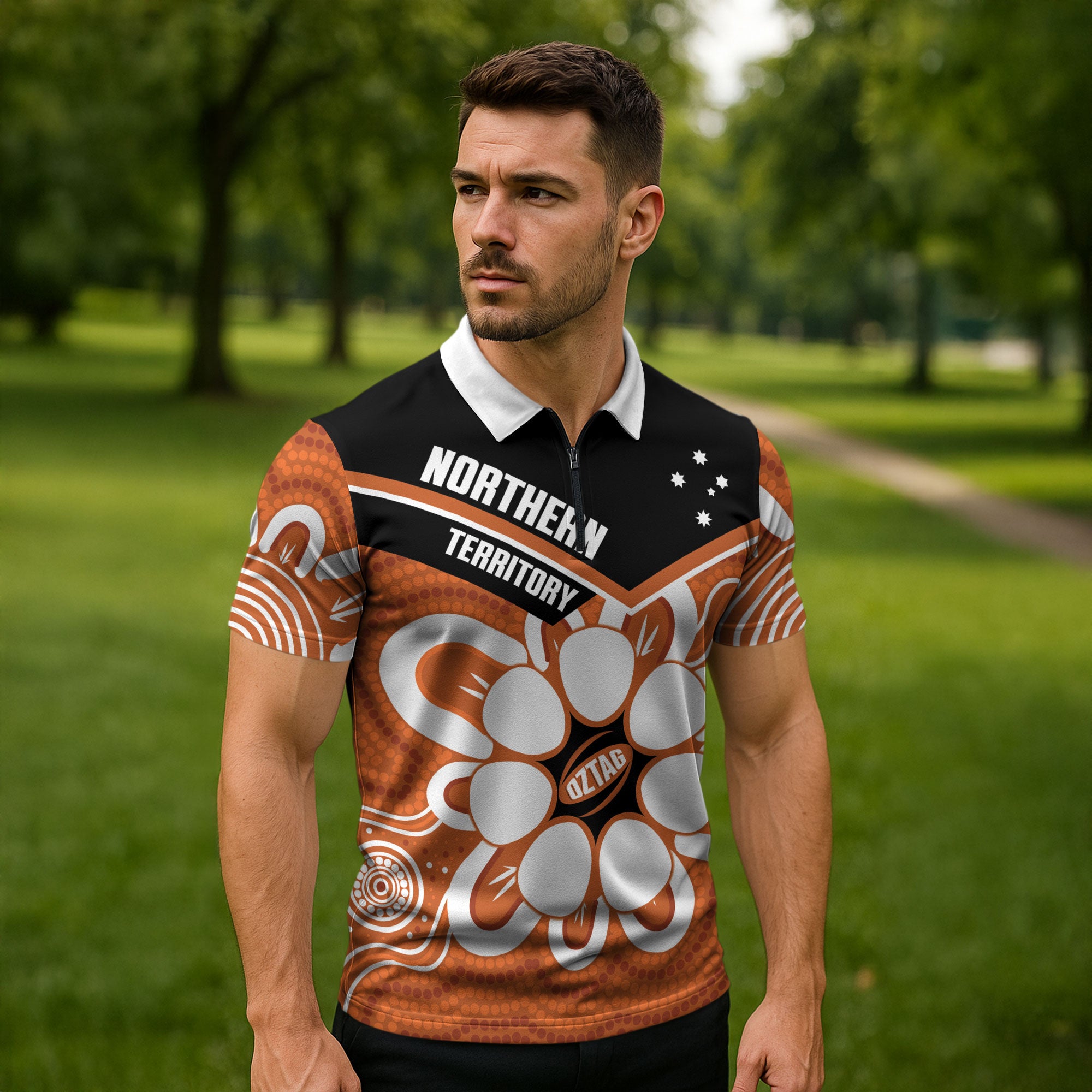 Northern Territory Oztag Custom Zipper Polo Shirt Seven-Petaled Rose Emblem Indigenous Art