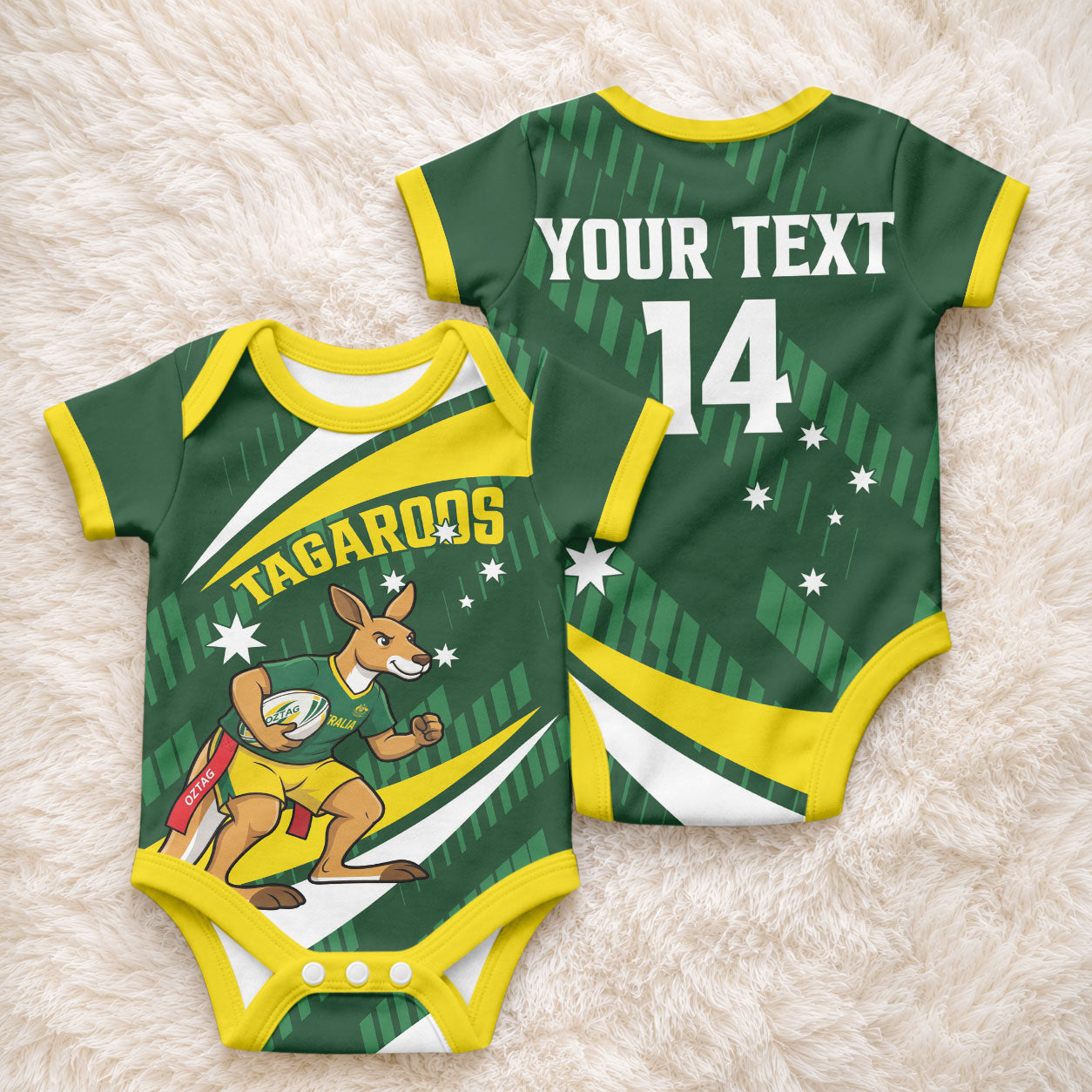 Tagaroos Oztag Australia Custom Baby Onesie Aussie Kangaroo Mascot Sporty Style