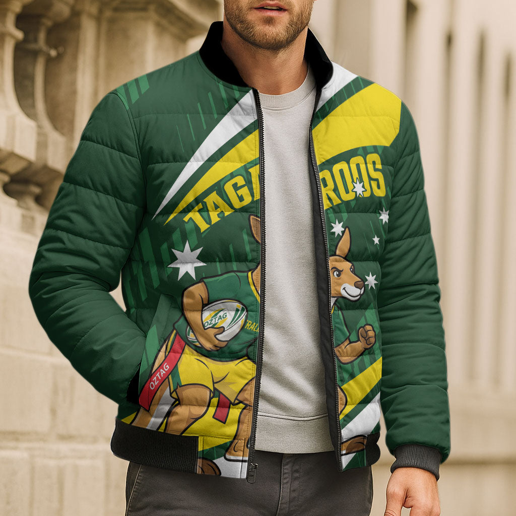 Tagaroos Oztag Australia Custom Bomber Puffer Jacket Aussie Kangaroo Mascot Sporty Style