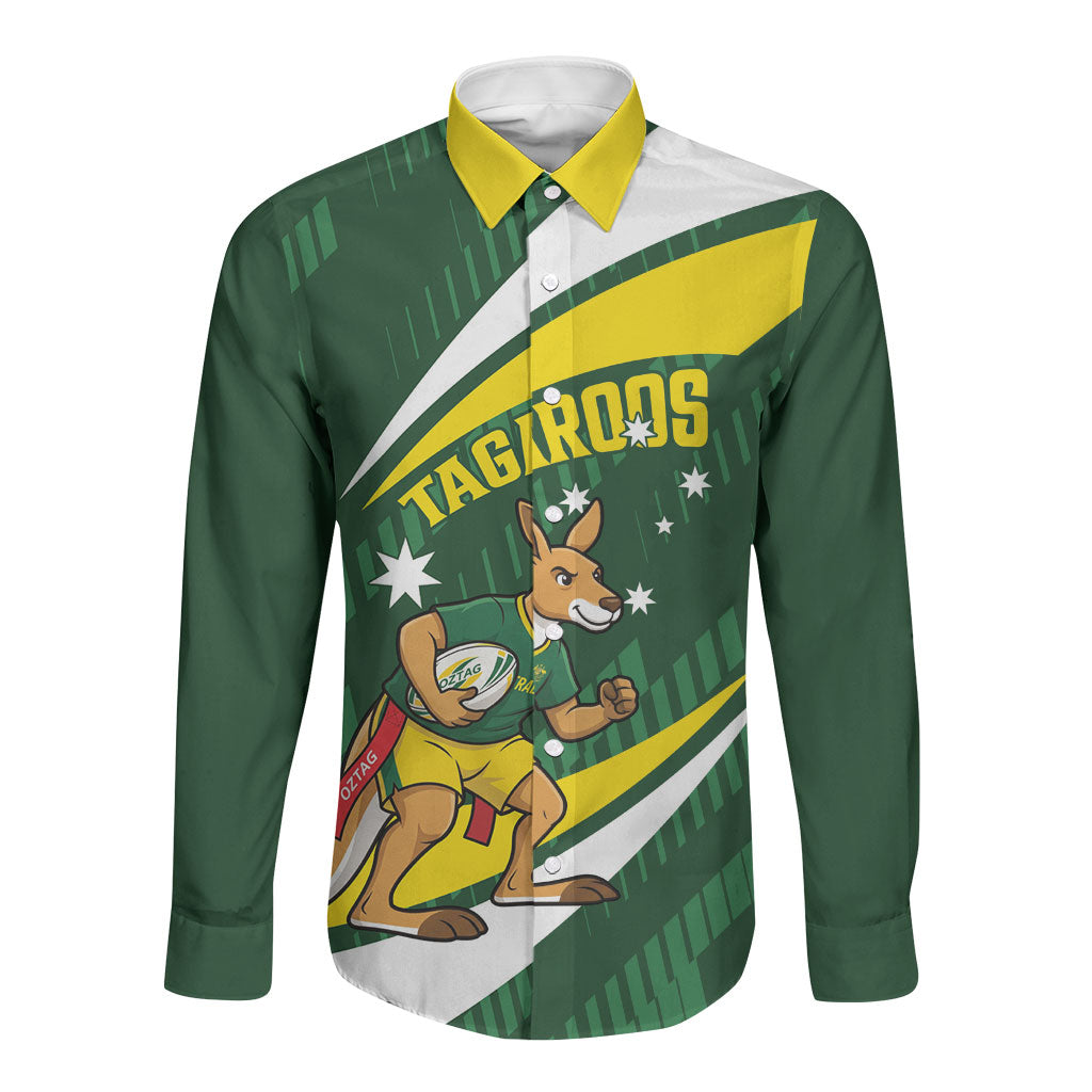 Tagaroos Oztag Australia Custom Long Sleeve Button Shirt Aussie Kangaroo Mascot Sporty Style