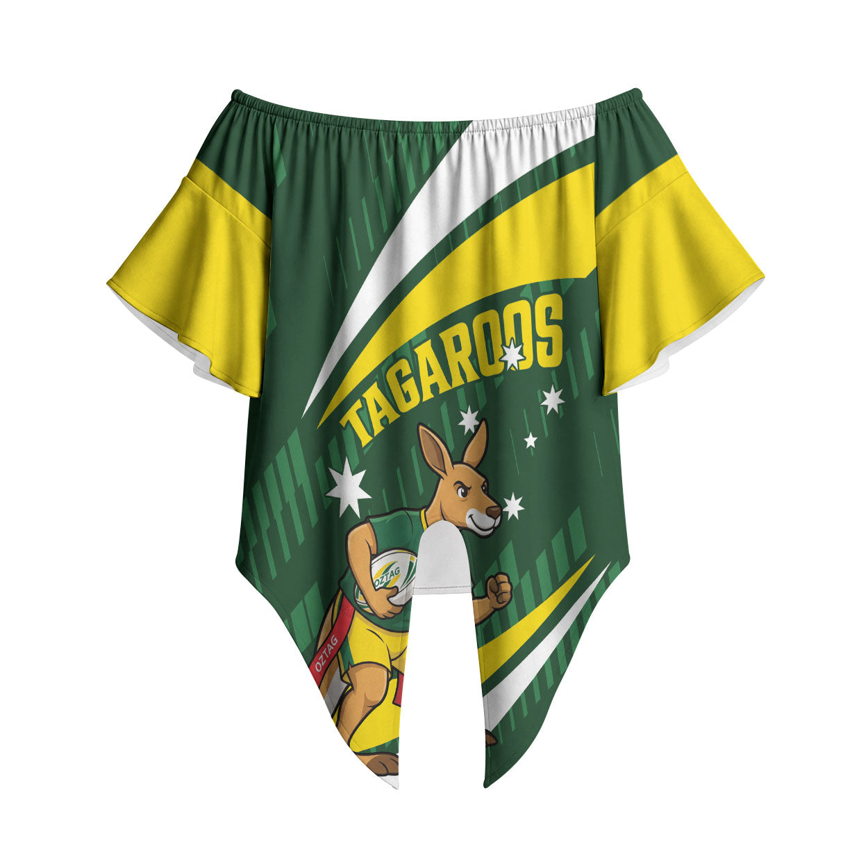 Tagaroos Oztag Australia Custom Off Shoulder Wrap Waist Top Aussie Kangaroo Mascot Sporty Style