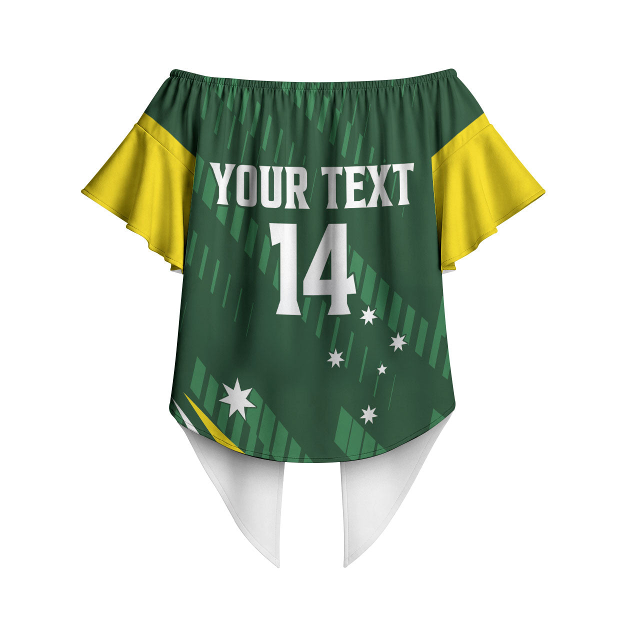 Tagaroos Oztag Australia Custom Off Shoulder Wrap Waist Top Aussie Kangaroo Mascot Sporty Style