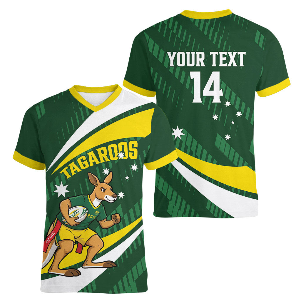 Tagaroos Oztag Australia Custom Women V-Neck T-Shirt Aussie Kangaroo Mascot Sporty Style