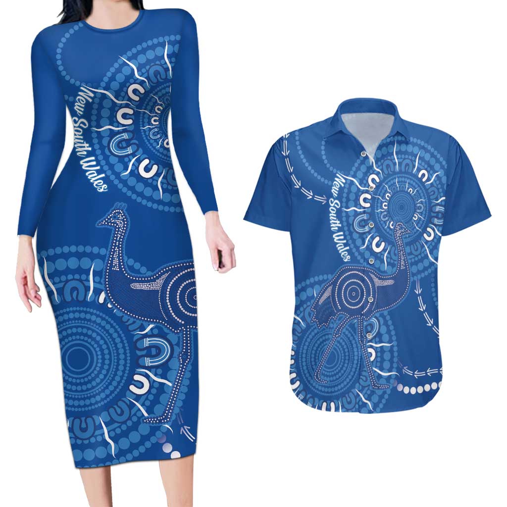 Australia New South Wales Couples Matching Long Sleeve Bodycon Dress and Hawaiian Shirt Aussie Emu With Aboriginal Art