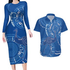 Australia New South Wales Couples Matching Long Sleeve Bodycon Dress and Hawaiian Shirt Aussie Emu With Aboriginal Art