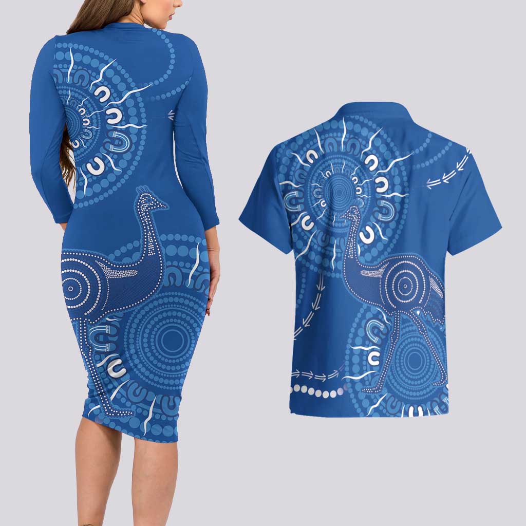 Australia New South Wales Couples Matching Long Sleeve Bodycon Dress and Hawaiian Shirt Aussie Emu With Aboriginal Art