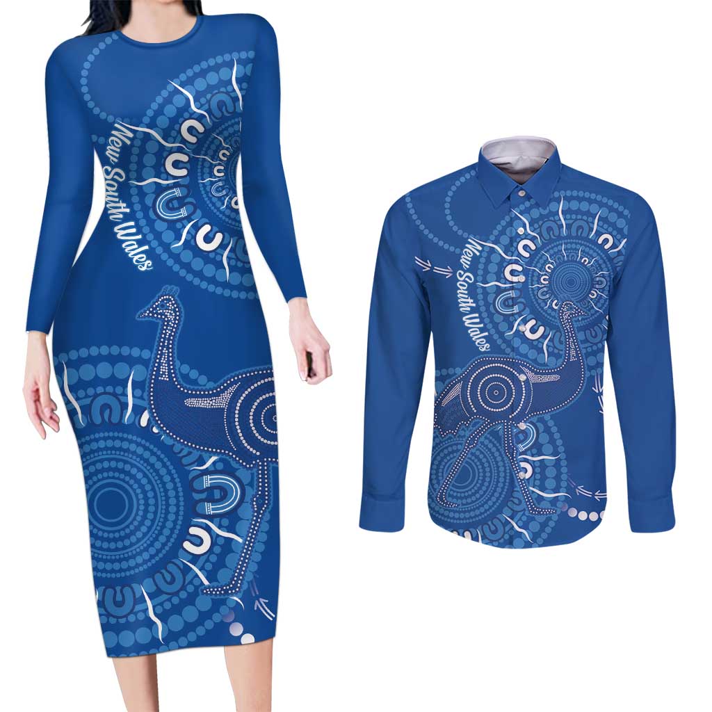 Australia New South Wales Couples Matching Long Sleeve Bodycon Dress and Long Sleeve Button Shirt Aussie Emu With Aboriginal Art